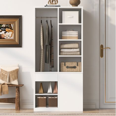 Armoire 70x50x170 cm en MDF et contreplaqué blanche, penderie et tiroirs pour chambre – MEUBLIV (1/5)