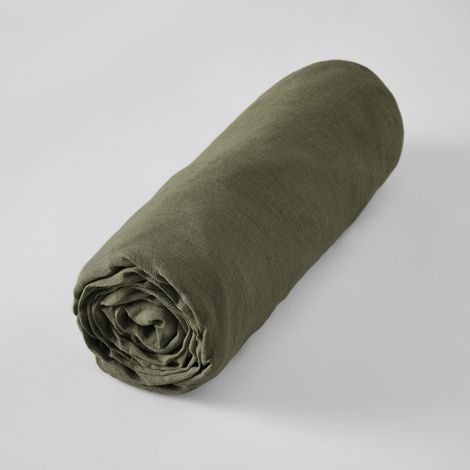 Drap Housse en Lin Lavé 180 x 200 cm – Soline Kaki (1/3)