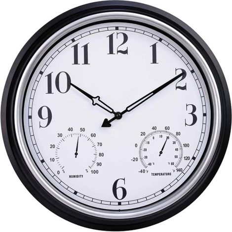 Horloge murale SensaHome – Étanche – Horloge d'extérieur – 40 cm de diamètre – Mouvement silencieux – Hygromètre/Thermomètre – Argent (1/3)