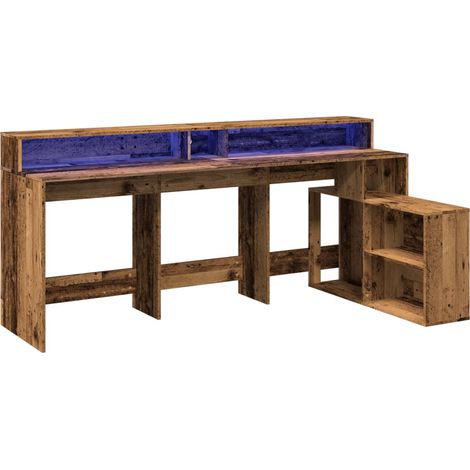 Bureau table poste de travail meuble d'ordinateur informatique étude avec lumières LED vieux bois bois d'ingénierie brun