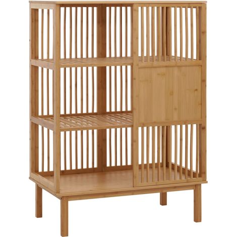 étagère sur pied en bambou HWC-N81, avec 3 étagères et porte coulissante FSCé 115x80x45 cm