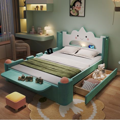 Cama tapizada infantil 240x172.5x106 cm, con cabecero de nube, lámpara de lectura USB, cajón, terciopelo azul verdoso (1/5)