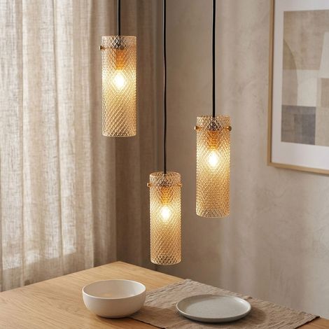 Pendelleuchte Hängelampe Deckenleuchte goldfarben Amberglas 3-flammig H 120 cm (1/5)