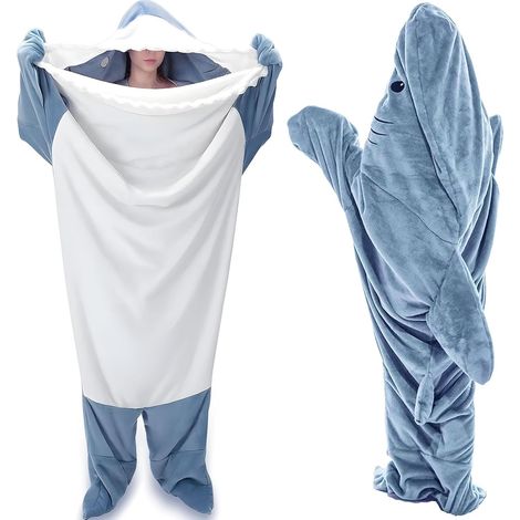 Couverture requin à capuche XXXL 180-190 cm, pyjama portable doux et confortable, bleu (1/5)
