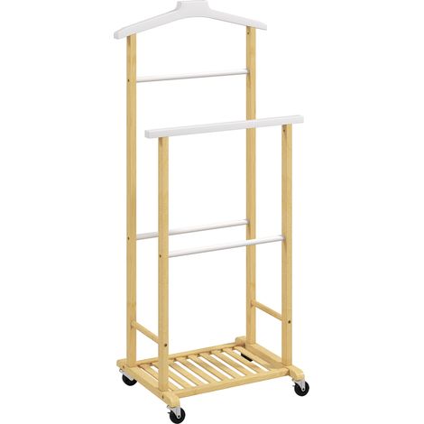 Porte-vêtements roulant en bambou naturel, support avec cintre intégré, barres à pantalons et étagère (1/5)