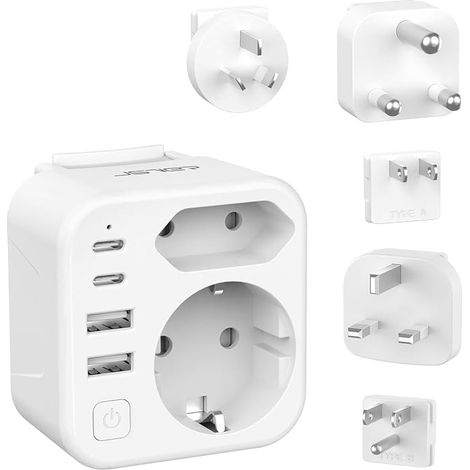 Universal Plug Adapter, Travel Adapter to USA/UK/Japan, International Type A/B/G/I/M Adapter with 4 USB Ports and Switch, Plug Adapter for Canada, Australia (White) (1/5)