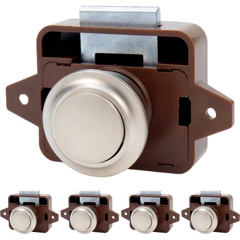 Lot de 5 loquets à bouton poussoir pour placard de camping car, caravane, nickel sur marron