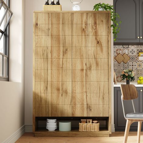 Armoire haute de cuisine 100x40x162,5 cm, 2 portes push-to-open, 8 niches ouvertes, sécurité anti-basculement, structure MDF, décor chêne clair (1/5)