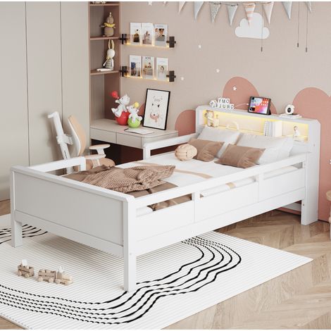 Lit simple 90x200 cm, lit enfant, avec USB et Type-C, lumière LED, tête de lit avec rangement, sommier à lattes, pin, lit multifonctionnel - Blanc (1/5)