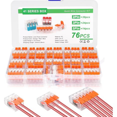 76 Pièces Connecteur Electrique, Borne de Connexion 2 Entrées  3 Entrées 5 Entrées, Domino Electrique avec Leviers Outillage Electricien pour 412, 413, 415 Câblage (1/5)