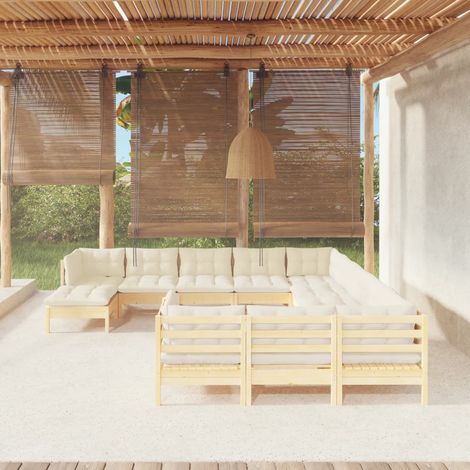 12-tlg. Garten-Lounge-Set mit Creme Kissen Kiefernholz (1/5)
