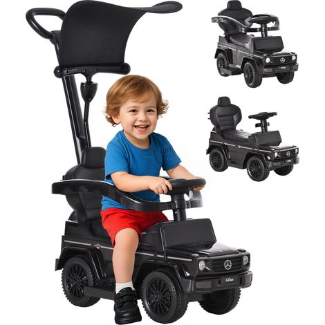 Macchina cavalcabile per bambini, completamente equipaggiata, 12-36 mesi, con clacson, poggiapiedi, barre di sicurezza e parasole, nera.