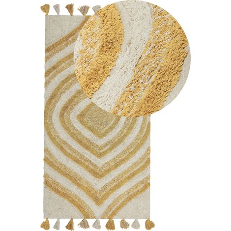 Tapis Moderne avec Motif Géométrique 80 x 150 cm en Coton Beige et Jaune Bingol