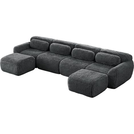 Sofá modular en U de 4 plazas gris HOMVRA, tejido de terciopelo suave, sin montaje, con cojines (1/5)