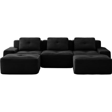 ELVMI Sofá modular en U 3 plazas con asiento profundo 74 cm, apoyabrazos amplios, en pana, Negro (1/5)