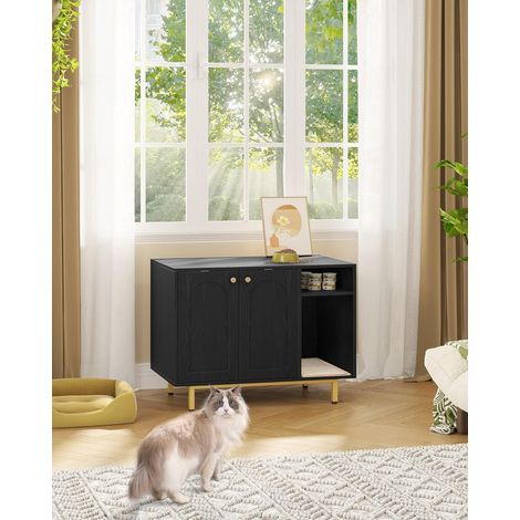 Maison de toilette pour chat – Bac caché en panneau de particules et acier – Dimensions 50 x 80 x 61 cm – Couleur noir et or (1/5)