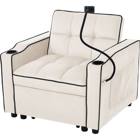 Sillón Cama Convertible 1 Plaza 3 En 1 con Respaldo Reclinable, Portavasos y Soporte Móvil en Terciopelo Beige