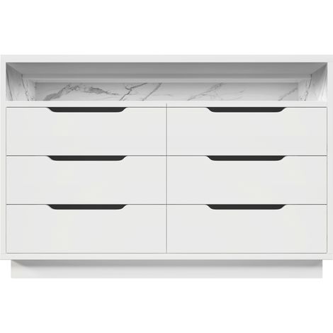 Buffet moderne blanc avec LED intégrée et 6 tiroirs, 120x40x85 cm, rangement en imitation marbre (1/5)