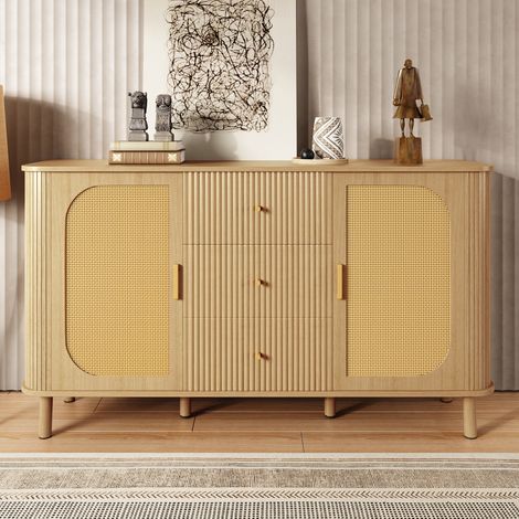 Sideboard 140x40x80 cm Natur MDF mit Rattantüren, gewellten Schubladen und Metallbeinen in Holzoptik (1/5)