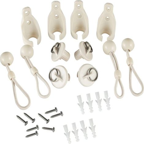 Ensemble de 4 stores vénitiens beiges avec corde élastique à boule résistante au vent, verrou de fixation extérieur et embouts.