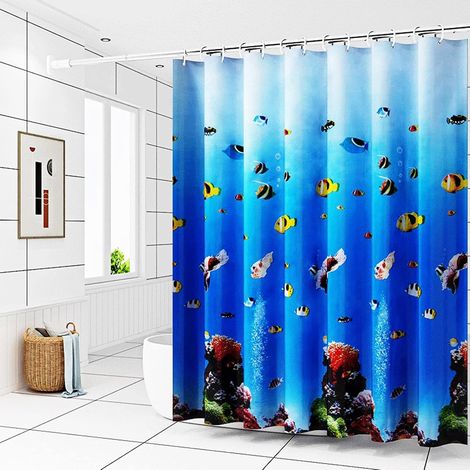 Rideau de douche - Motif monde marin - Grand rideau de salle de bain - Motif poissons - Bleu - 300 x 200 cm (1/5)