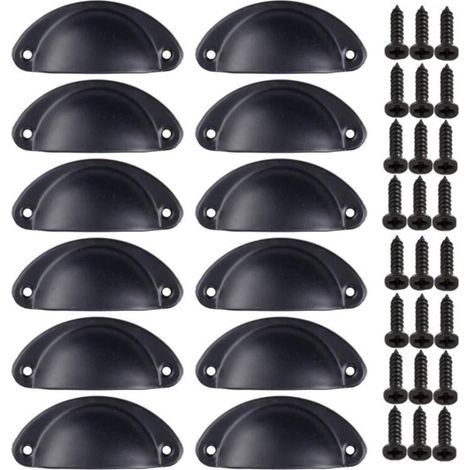 Paquet de 12 boutons de coquille vintage, boutons de porte d'armoire incurvés en fer (noir)