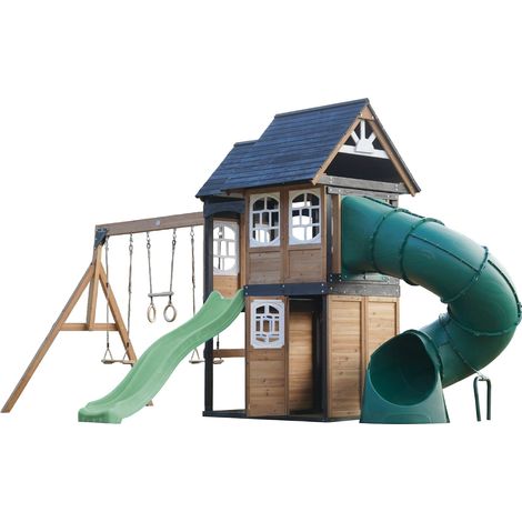 AXI – Aire de jeux en bois avec 2 balançoires – Toboggan tubulaire et ondulé – Maisonnette avec structure d'escalade et trapèze – Pour enfants