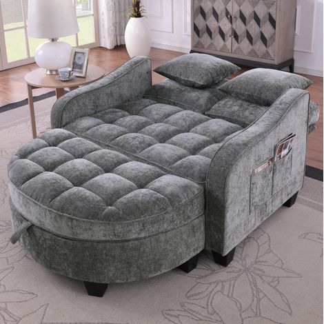 MODFU – Sofá cama 2-en-1 de madera de eucalipto con puff de almacenamiento, conversión rápida y tejido transpirable – Gris oscuro (1/5)