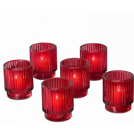 Lot de 6 photophores Vintage en Verre côtelé Rouge - Décoration d'automne, décoration bohème, décoration d'étagère (27206RD) (1/5)
