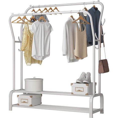 Youyijia Kleiderständer Metall Kleiderstange mit 2 Kleiderstangen und Ablagefach Garderobenständer 146x37x110cm Doppelruten Freistehender Kleiderbügel Trockengestell für Home Schlafzimmer Weiß