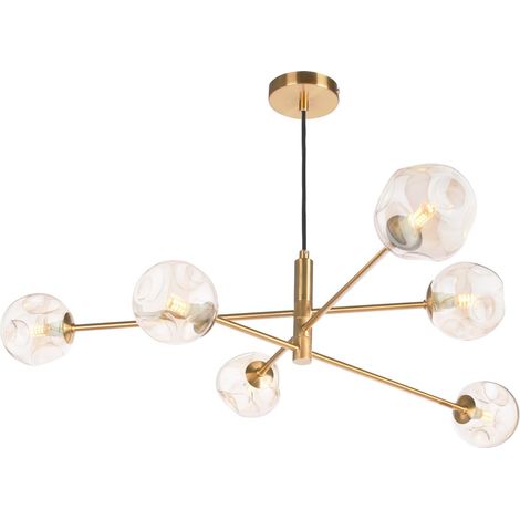 Dar Vignette Suspension Vignette à 6 lumières en laiton vieilli avec abat-jour en verre ambré organique fermé