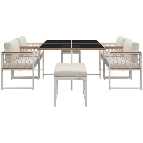 Salon de jardin - Structure Acier - 1 Table en verre trempé - 6 personnes - Blanc (1/5)