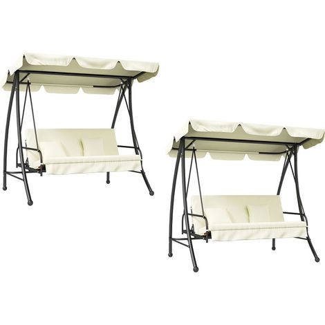 2er-Set 2 in 1 Hollywoodschaukel mit Liegefunktion 3-Sitzer Gartenschaukel mit verstellbarem Sonnendach, Schaukelbank belast bis 240kg, Gartenliege für Garten, Terrasse, 200x125x170 cm, Cremeweiß