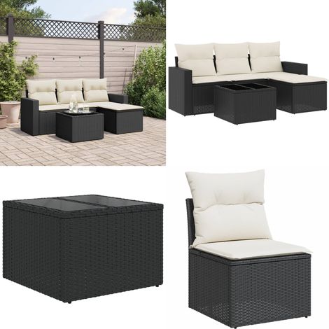 Salon de jardin 5 pcs avec coussins noir résine tressée - Salon De Jardin - Canapé D'extérieur - Set Salon - Mobilier De Jardin - Résine Tressée - Home & Living