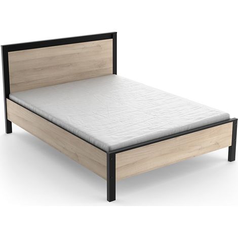 Lit 2 places couchage 140x190 couleur chêne / noir - Largeur 146,3 x Profondeur 198 x Hauteur 96,6 cm (1/3)
