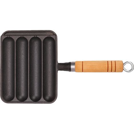 Poêle à saucisses en fonte, moule à 4 fentes, Hot Dog avec manche en bois pour la cuisson en intérieur et en extérieur (1/5)