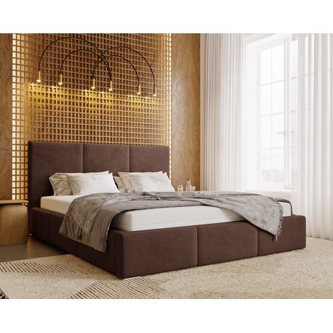 Emporius Lit double 160x200 cm Lary, rembourré, velours avec rangement, sommier, Brun (1/5)