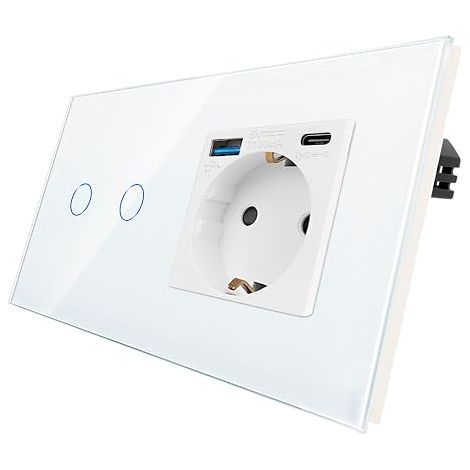 Touch Switch with Schuko Plug with USB Ports (Tape-C and Tape-A 3.1 A Total) - Recessed USB Socket - Double Glass Wall Switch in White - With Status LED (1/5)