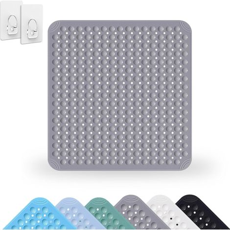 Tapis de Douche, 80 x 80 cm Tapis de Douche Carré en PVC, Tapis de Salle de Bain avec Drainage, Grand Tapis de Bain Carré avec Ventouses, Tapis Antidérapant en PVC, pour Douche et Sauna(Gris) (1/5)