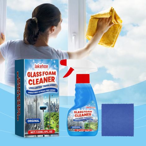 Schaumreiniger für Glas im Haushalt. Entfernt Flecken, Fett und Fingerabdrücke von Fenstern, Spiegeln und Glastüren. – Inhalt: 120 ml Reiniger, blaues Tuch -- DE (1/5)