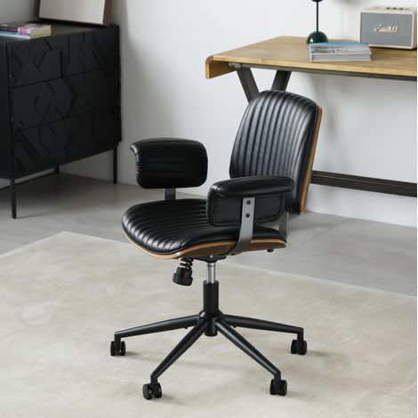 Chaise de bureau en cuir noir au design mid-century moderne, ergonomique, réglable et pivotante à 360° (1/5)