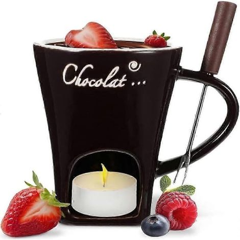 Mug à fondue au chocolat, tasse à café, mug à fondre le chocolat avec fourchette, chauffe-fondue, mug à bonbons, marmite à café (1/5)