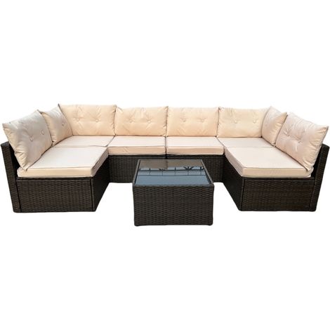 Concept-Usine – Salon de jardin modulable 6 places en résine tressée marron – Ensemble 4 pièces avec coussins déhoussables – Dimensions 274x137x63,5 cm