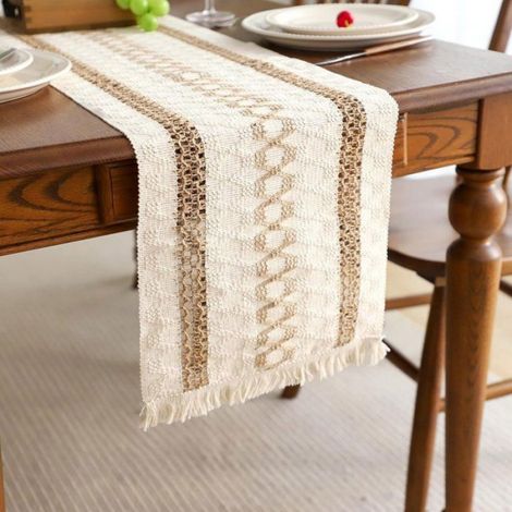 Chemin de table bohème - Nappe - Polyester - Décoration de table - avec pompons - Style champêtre - pour mariages, fêtes et (1/4)