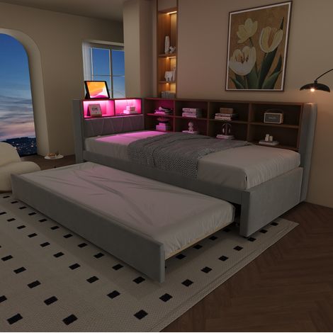 Cama dormitorio nido con LED carga y almacenaje gris OKMYHOME (1/5)