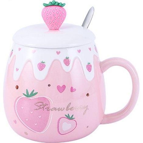 1 Tasse à café, Céramique, Motif fraise 3D, Couvercle silicone, Cuillère assortie, 500 ml, Pour bureau et maison (1/5)