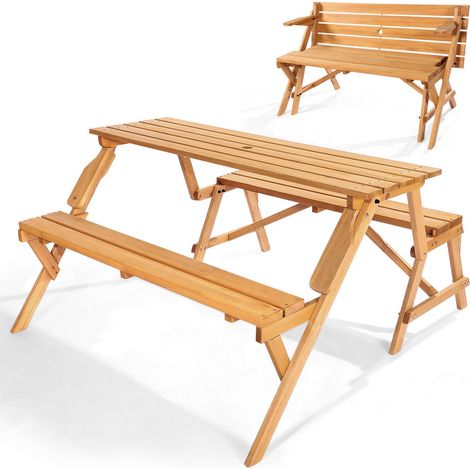 Table de pique-nique interchangeable 2 en 1 transformable, ensemble table et banc d'extérieur en bois, banc pliable portable avec trou pour parasol, pour jardin, arrière-cour, porche, marron (1/5)