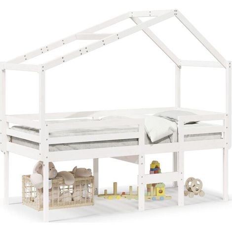 Lit haut blanc (matelas non inclus), 90x200 cm, en pin massif. (1/5)