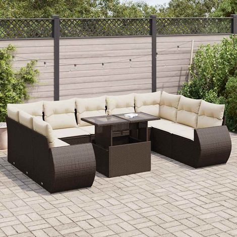 Ensemble salon de jardin 10 pièces rotin synthétique marron avec coussins beige (1/5)