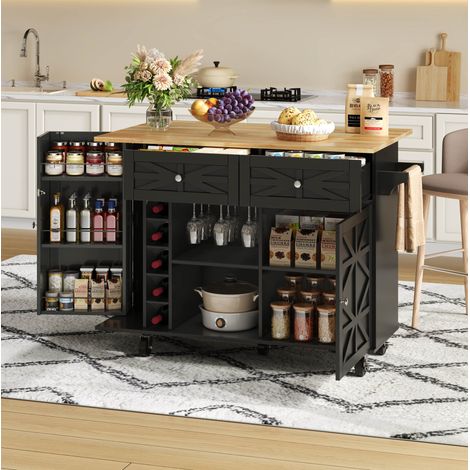 Isla de cocina con encimera abatible, ruedas con freno y botellero, 120x45(70)x89 cm (1/5)